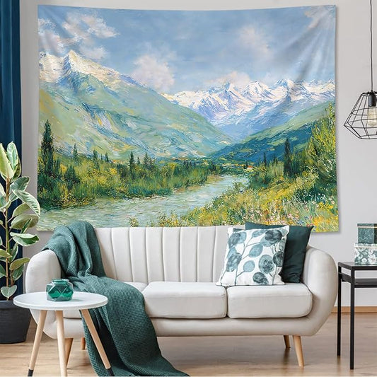 Leeisysme Mountain Landscape Tapestry, Monet Nature Wall Art, Clouds Flowing River for Living Room Bedroom Classroom Dorm Decor, Green 60x80 inches