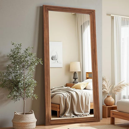 Antok Full Length Mirror with Solid Wood Frame, 71"×32" Wall Mounted Oversized Floor Mirror with Stand, Leaning Standing Hanging for Bedroom Living Room Entryway, Brown, Rect Style