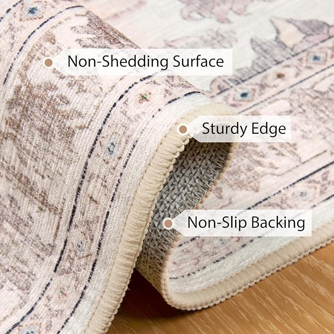 BESTSWEETIE 4ft Area Rug Washable Rugs for Living Room, No Pile Boho Carpet for Entryway Bedroom Dinning Room, Vintage Carpet Print Distressed Non-Slip, 48" Round, Pink Beige Grey