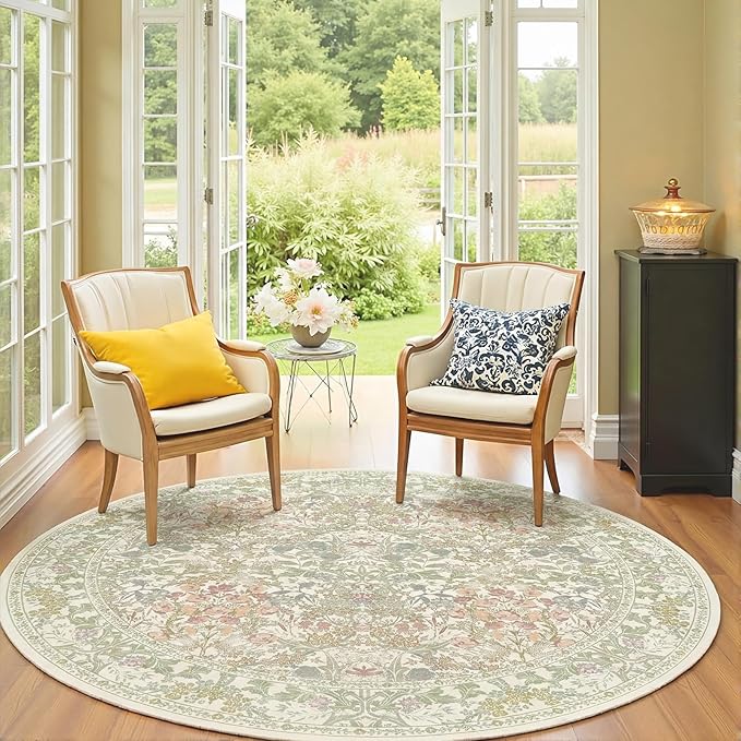Lunasun Sage Green 6ft Round Rug for Living Room - Floral Circle Rug for Bedroom, Kids Room, Home Office, Washable Low Pile Non Slip, Pastel Green and Pink French Country Style Indoor Aesthetic Décor