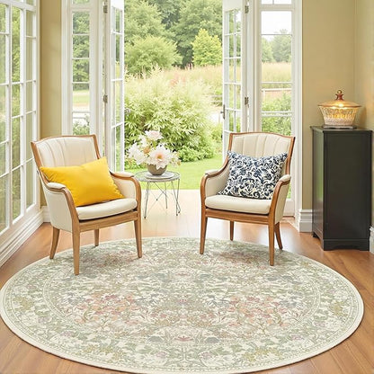 Lunasun Sage Green 6ft Round Rug for Living Room - Floral Circle Rug for Bedroom, Kids Room, Home Office, Washable Low Pile Non Slip, Pastel Green and Pink French Country Style Indoor Aesthetic Décor