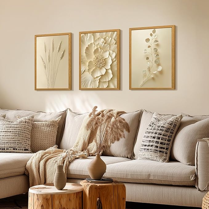 GELDSTEI Neutral Beige Floral Canvas Wall Art, Modern Minimalist Botanical Wall Decor, Vintage Beige Elegant Flower Poster Prints for Living Room Bedroom Wood Framed Set of 3, Each 12x16 Inch