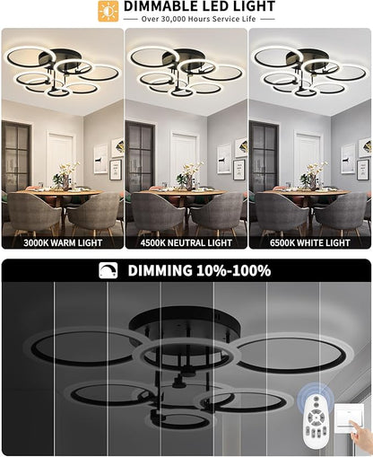 Modern LED Ceiling Light 7 Rings Dimmable Fixtures with Remote Black Close to Ceiling Light 31.8" 130W 3000K-6500K Flush Mount Ceiling Lamp for Living Room,Bedroom,Kitchen