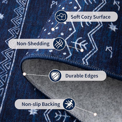 SERISSA 9x12 Area Rugs for Living Room, Washable Non-Slip Blue and White Boho Rug, Soft Low-Pile Geometric Indoor Large Carpet for Dining Room Bedroom Home Office Playroom