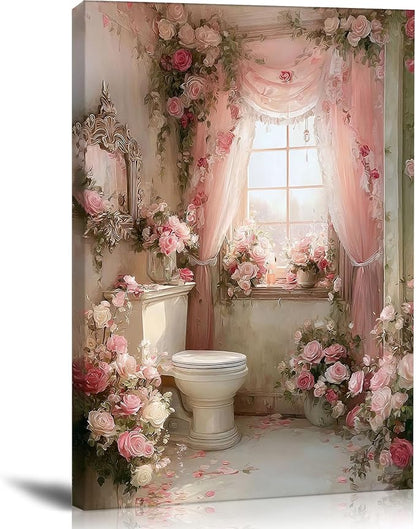 Frimeeme Romantic Rose Garden Toilet Decor,Pink Floral Bathroom Canvas Wall Art, Modern Landscape Prints for Bathroom Restroom Home Decoration((12x16 in Canvas), 12x16 Inch