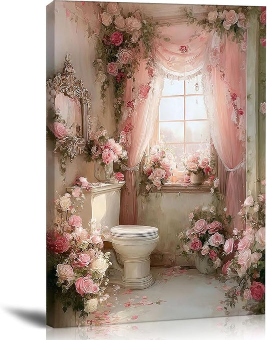 Frimeeme Romantic Rose Garden Toilet Decor,Pink Floral Bathroom Canvas Wall Art, Modern Landscape Prints for Bathroom Restroom Home Decoration((12x16 in Canvas), 12x16 Inch