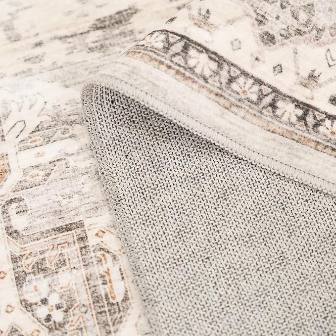 8x8 Area Rug Washable Living Room Rugs: 8ft Square Ultra Thin Soft Oriental Area Rugs Non-Slip Backing Farmhouse Rug Low Pile Thin Stain Resistant Indoor Carpets, 8' x 8' Beige
