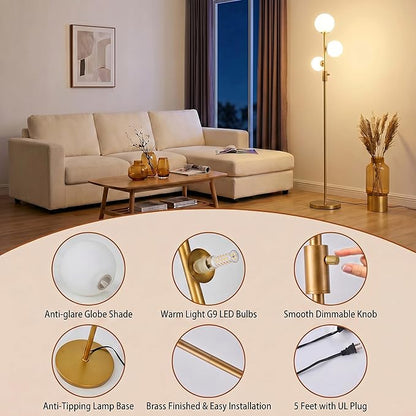 Fiqevs Dimmable 3 Globe Floor Lamp - Mid Century Modern Gold Standing Lamp with Frosted Glass Shade & LED Bulbs for Living Room, Bedroom, Office