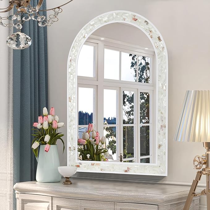 Tanmicoshomy White Arched Wall Mirror 24x36 Inch, Mosaic Shell Framed Bathroom Mirrors with Tempered Glass for Bathroom Living Room Bedroom or Entryway