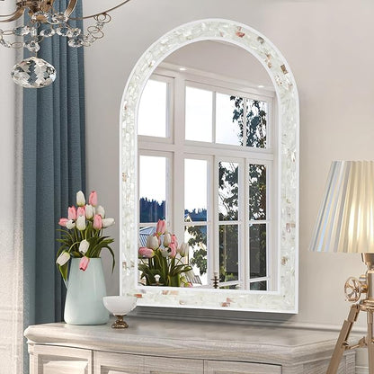 Tanmicoshomy White Arched Wall Mirror 24x36 Inch, Mosaic Shell Framed Bathroom Mirrors with Tempered Glass for Bathroom Living Room Bedroom or Entryway
