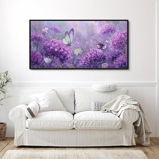 yiijeah Purple Wall Art Bedroom Canvas Lavender Bathroom Decor Butterfly Picture Items for Women Framed Artwork Print 48x24 Inches