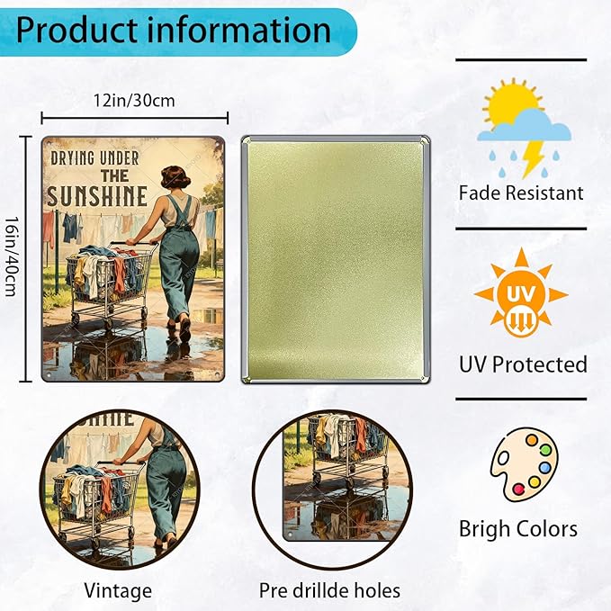 Drying Under The Sunshine Tin Sign Rustic Laundry Room Decor Vintage Metal Wall Art for Farmhouse Kitchen Bathroom 16x12 Inch