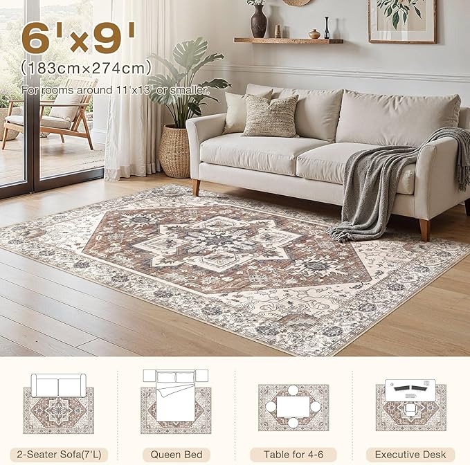 Area Rug 6x9 for Living Room - Washable Oriental Vintage Floral Distressed Large Indoor Carpets with Non Slip Back for Bedroom Dining Room Nursery Office Home Decor -Terracotta/Brown