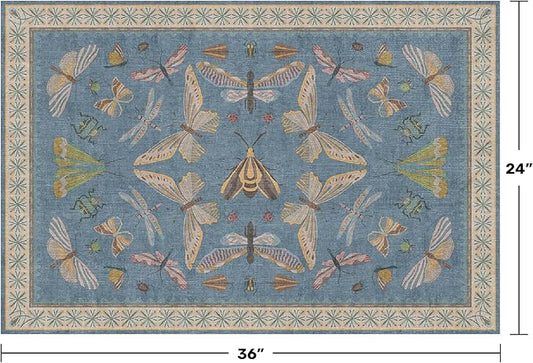 Blue 2x3 Kitchen Rugs Non Slip Washable, 0.25" Low Pile Stain & Fade Resistant, Waterproof Indoor Floor Mat for Entryway, Bathroom, Laundry Room, Boho Insect Floral Decor