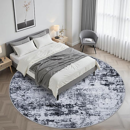 Round Area Rug for Living Room: 8 ft Washable Modern Abstract Soft Thin Rug Indoor Floor No Slip Stain Resistant Carpet for Bedroom Dining Room Farmhouse Nursery Home Office - Black