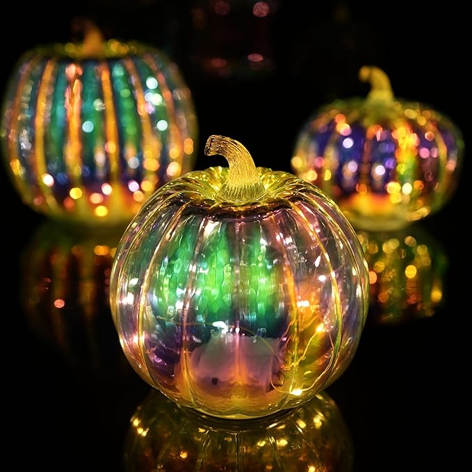 Colorful Mercury Glass Pumpkin with Built-in LED Light - Enhance Your Fall Decor with Magical Glow-Perfect Harvest Festival Decorations and Gift