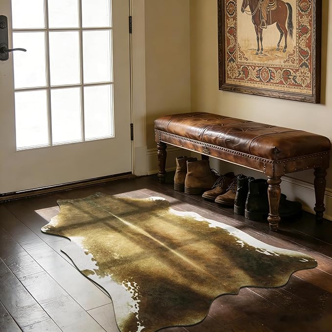Washable Non Slip Faux Cowhide Rug 2x3 Brindle and White, Small Indoor Front Door Entryway Mat, Western Rustic Cottagecore Decor Animal Print Throw Layering Rug for Dorm Room