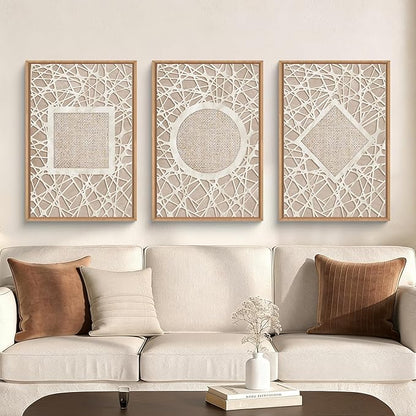 Aryroi Large Abstract Boho Neutral Shapes Framed Canvas Wall Art,Modern Geometric Circle Square Rhombus Wall Decor,Mid Century Artwork for Living Room,Bedroom,Office-16 x24 x3