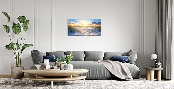 TutuBeer Beach Pictures Ocean Pictures Wall Decor White Beach with Dunes and Grass Picture Print on Canvas Ocean Seascape Paintings Canvas Art Prints Wall Decor Ready to Hang 12" x 24"