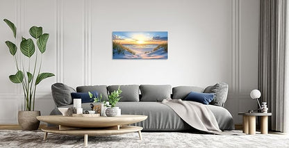 TutuBeer Beach Pictures Ocean Pictures Wall Decor White Beach with Dunes and Grass Picture Print on Canvas Ocean Seascape Paintings Canvas Art Prints Wall Decor Ready to Hang 12" x 24"