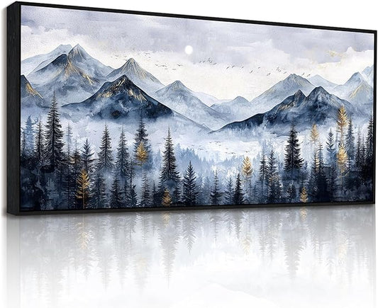 SERIMINO Extra Large Framed Mountain Forest Wall Art, 32"x71", Misty Pine Tree Watercolor in Blue Gold, Nature Scenery Canvas Wall Decor for Living Room, Bedroom, Office Decor