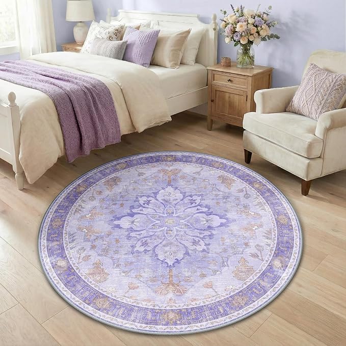 RELEANY Area Rugs Round 4ft Washable Non-Slip, Floral Vintage Distress Print Pattern Medallion Carpet for Living Room Bedroom Dining Room, Light Purple Brown