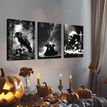 Framed Dark Gothic Canvas Wall Art Set of 3, Creepy Witchy Halloween Wall Decor Paintings, Crow and Skull Goth Aesthetic Posters Prints for Living Room Bedroom Bathroom Home Decor 12x16In