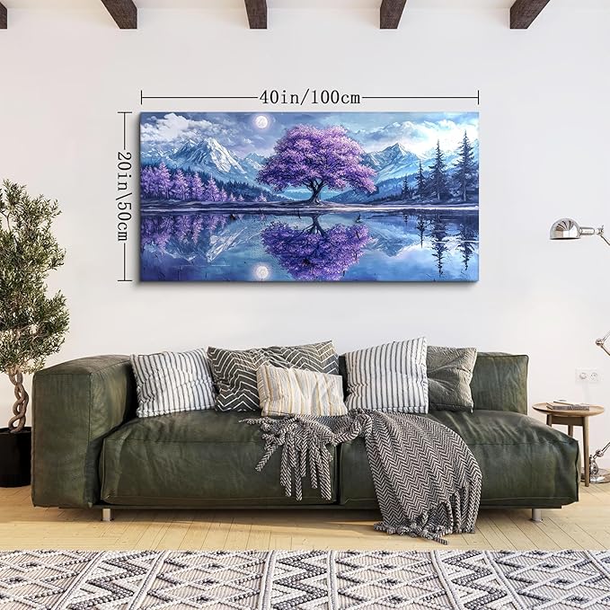SERIMINO Tree of Life Large Wall Art, Fantasy Landscape Wall Decor, Purple Trees Canvas Painting, Snow Mountain Lake Modern Decor Prints, Moonlit Night Pictures Home Decor Living Room20 X40