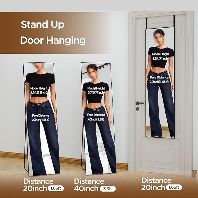NARCISSUS 57x16 Mirror Door Hanging Full Length Body with Floor Stand or Wall Mounted Metal Aluminum Frame Tempered Glass Rectangle Mirrors for Bedroom Dressing Living Room Bathroom 57 inch Black