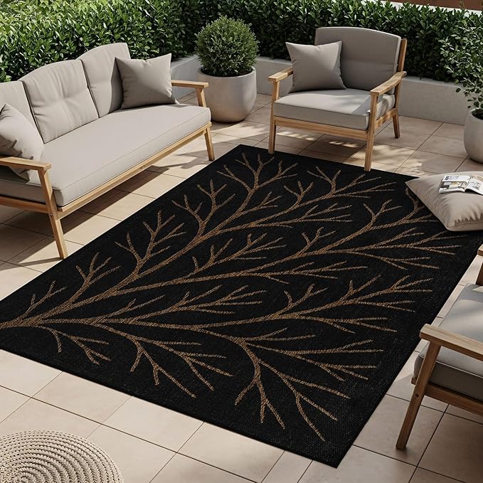 Washable Indoor Outdoor Rug 9x12 Modern Area Rugs Branch Pattern Non Shedding Waterproof Easy Clean Patio Deck Porch Living Room Bedroom Garden RV (9 X 12 Gold)