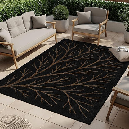 Washable Indoor Outdoor Rug 9x12 Modern Area Rugs Branch Pattern Non Shedding Waterproof Easy Clean Patio Deck Porch Living Room Bedroom Garden RV (9 X 12 Gold)