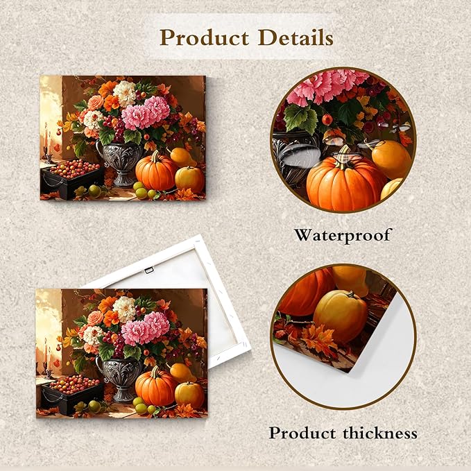 LB Vintage Kitchen Wall Art Pink and White Flower and Orange Pumpkin Floral Canvas Wall Art Modern Aesthetic Wall Decor for Living Room Restaurant Home Decoration Framed Ready to Hang 12L x 16W