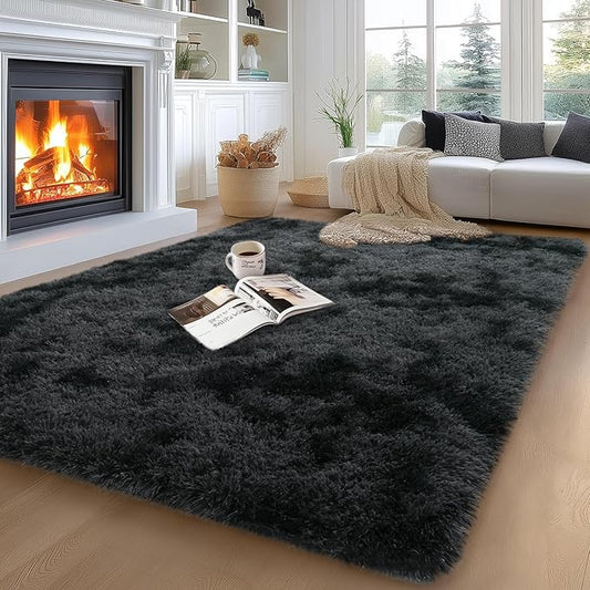 qulint 5x7 Area Rug for Living Room, Soft Shag Fluffy Rug for Bedroom Plush Large Carpet for Nursery, Shaggy Fuzzy Modern Carpet for Boys and Girls Dorm Home Decor (5ft x 7ft, Tie-Dyed Black Grey)
