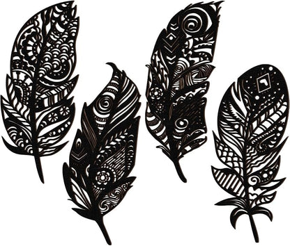 Qunclay 4 Pieces Feather Wall Decor Wooden Feather Wall Art Boho Wall Decor Laser Cut Hanging Mandala Large Rustic Farmhouse Wood Sign for Home Living Room Bedroom Bathroom Kitchen(Black)