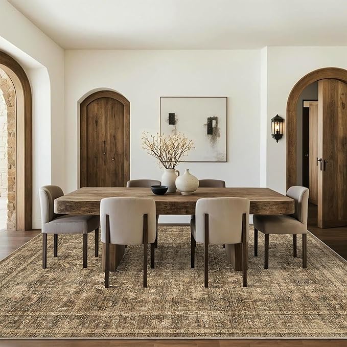 9x12 Brown Washable Area Rugs for Living Room Non Slip Low Pile Vintage Boho Throw Rug Soft Retro Distressed Floral Large Carpet Indoor Farmhouse Decor for Bedroom Dining Room Office Kitchen Playroom