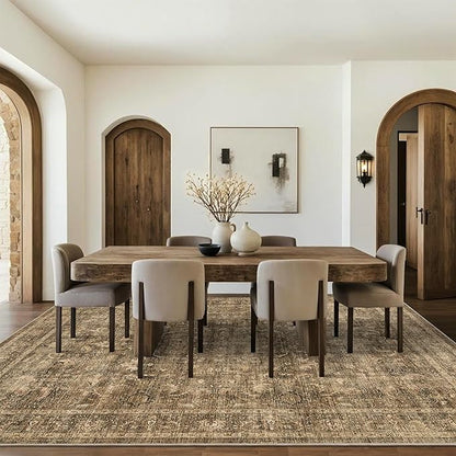 8x10 Brown Washable Area Rugs for Living Room Non Slip Low Pile Vintage Boho Throw Rug Soft Retro Distressed Floral Large Carpet Indoor Farmhouse Decor for Bedroom Dining Room Office Kitchen Playroom