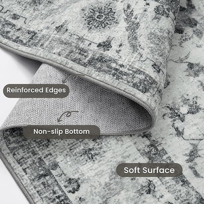 YOH Boho Washable Rug 9x12, Light Gray Vintage Non Slip Area Rug, Distressed Indoor Carpet for Living Room Bedroom Kitchen Office