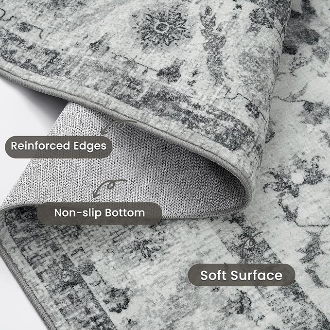 YOH Boho Washable Rug 5x7, Light Gray Vintage Non Slip Area Rug, Distressed Indoor Carpet for Living Room Bedroom Kitchen Office
