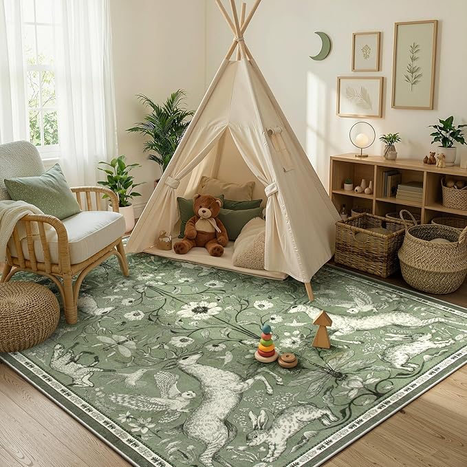 Lahome 5x7 Green Area Rug for Living Room, Dorval Washable Cottagecore Deer Rug, Sage Woodland Non Slip Low Pile Soft Carpet for Bedroom Dining Room Kitchen Nursery Entryway Home Decor