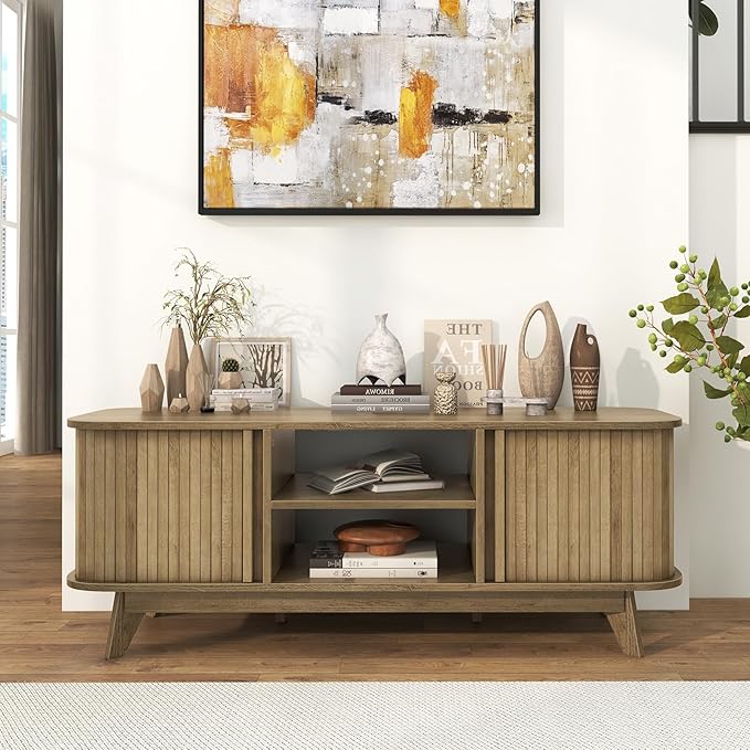 Tangkula Sliding Doors TV Stand for TV up to 55 Inch, Mid Century Modern TV Console Table, Television Cabinet w/ 2 Open Shelves & Sliding Doors, Home Media Entertainment Center for Living Room (Oak)