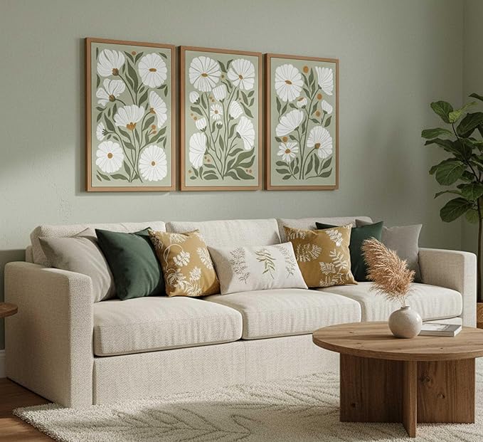 3Pcs Boho Wildflowers Canvas Wall Art Sage Green Bohemia Abstract Floral Botanical Painting Picture Wall Decor Poster Print Artwork for Living Room Bedroom Bathroom Home Decoration Unframed