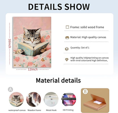 Framed Cats Canvas Wall Art, Funn Tabby Cat Reading Books Picture Wall Decor, Pink Vintage Animal Poster Prints for Girls Room Bedroom Kids Room Living Room Bathroom Decor 12x16 inch