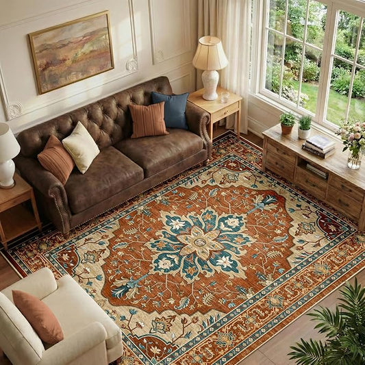 RELEANY Area Rugs 6'x9' Washable Non-Slip, Floral Vintage Distress Print Pattern Medallion Carpet for Living Room Bedroom Dining Room, Red Orange Blue Brown
