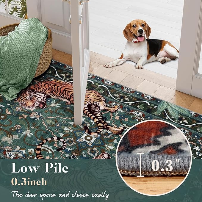 Tiger Washable Rugs 3x5ft, Green Entryway Jungle Rugs Non Slip, Soft Botanical Area Carpets for Bedroom, Low Pile Accent Floor Carpet for Kitchen Laundry Living Room Dorm Nursery Office