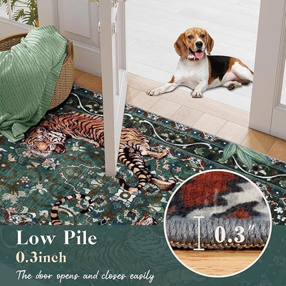 Tiger Washable Rugs 3x5ft, Green Entryway Jungle Rugs Non Slip, Soft Botanical Area Carpets for Bedroom, Low Pile Accent Floor Carpet for Kitchen Laundry Living Room Dorm Nursery Office