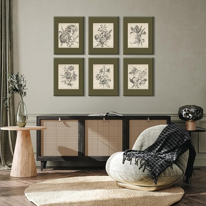 Vintage Floral Wall Art Sketch Flower Prints Antique Botanical Canvas Wall Art Decor Vintage Etchings Floral Poster Green Botanical Painting Sage Green Artwork for Bedroom 8x10x6 Inch Wrapped Canvas