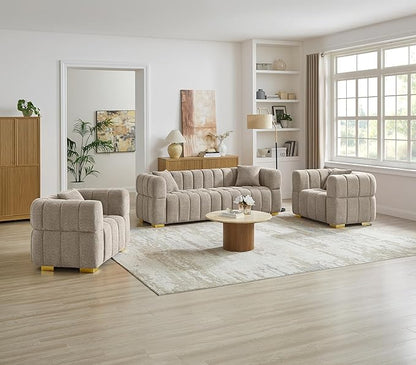 VANOMi Sofa and Chair Set, Modern Deep Seat Couch & Boucle Sofa Chairs, Oversized Upholstered Couch Sets for Living Room, Apartment, Office, Bedroom, Camel (3 Pieces)
