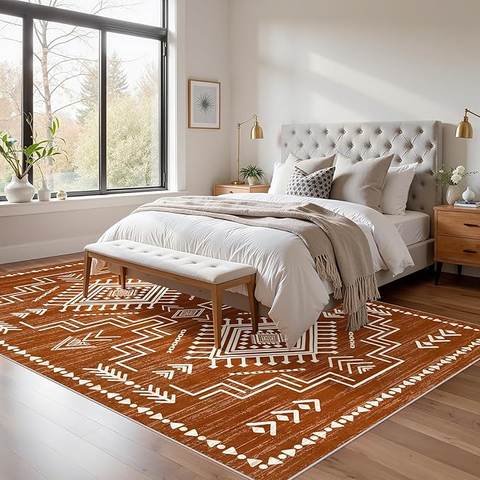 Joydeco Moroccan Washable 6x9 Living Room Rug Non Slip, Western Burnt Orange Large Area Rug for Bedroom Dining Room, Soft Stain Resistant Aztec Carpet Fall Rug for Guestroom Office Playroom