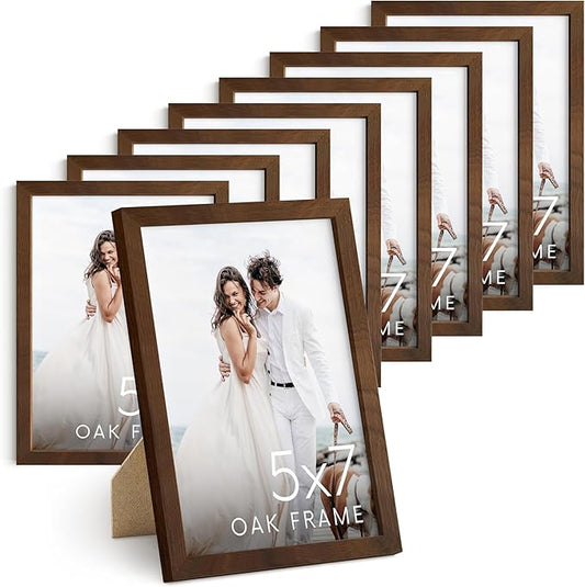 HAUS AND HUES Walnut Wood 5x7 Picture Frames - Standalone Natural Frames, Set of 9