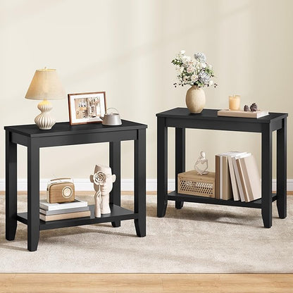 Hoctieon End Table with Double Storage Shelves, Sturdy Wooden Side Table for Living Room, Bedroom, Modern Nightstand Sofa Table for Small Spaces, Black, Set of 2